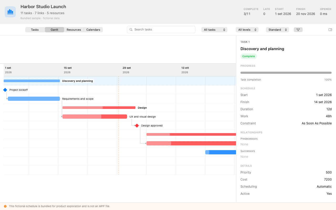 GanttPeek showing a project Gantt timeline and task details