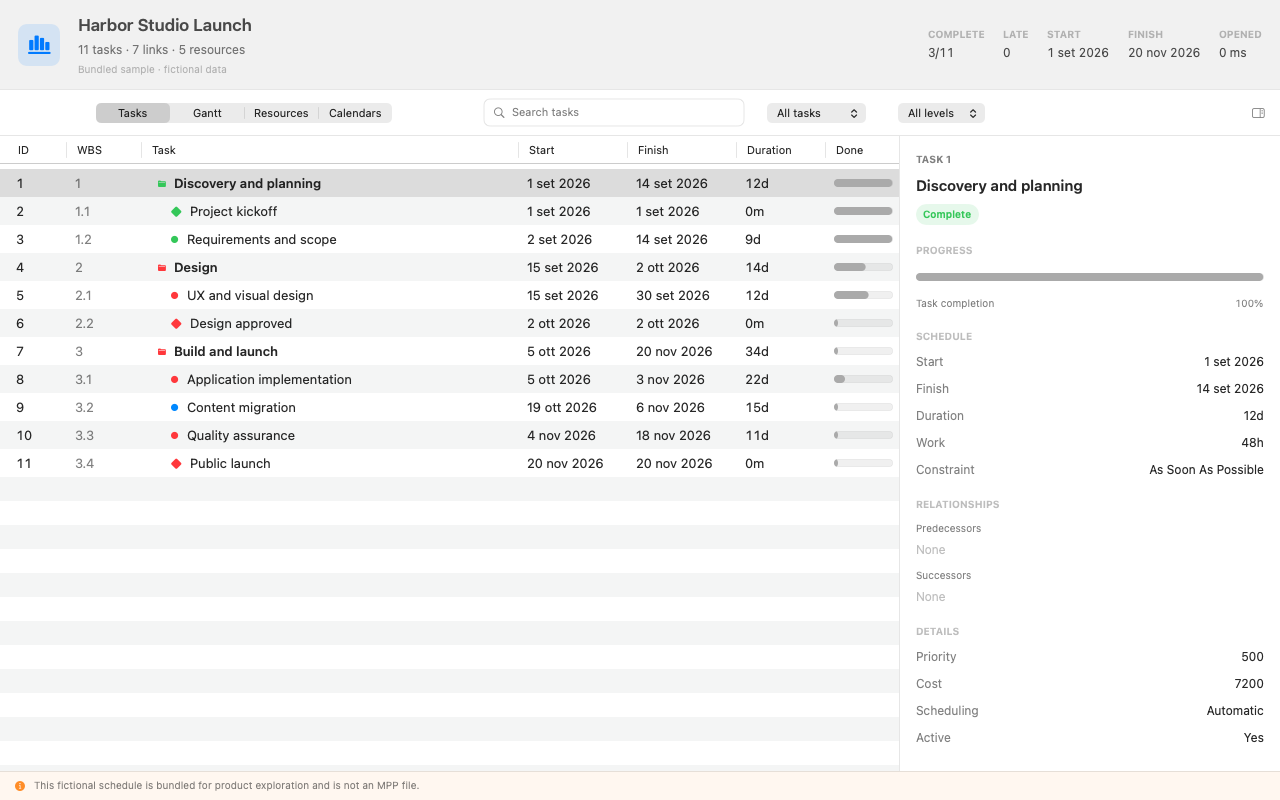 Searchable project task table